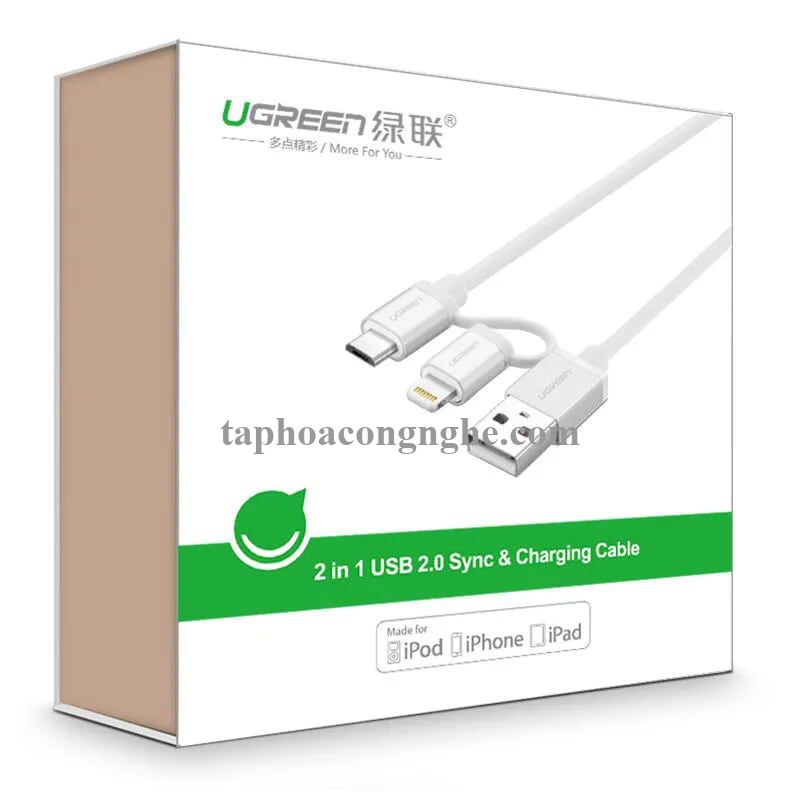 Ugreen 20747 0.5M màu Trắng Cáp sạc đa năng USB sang MicroUSB + Lightning US165 30020747